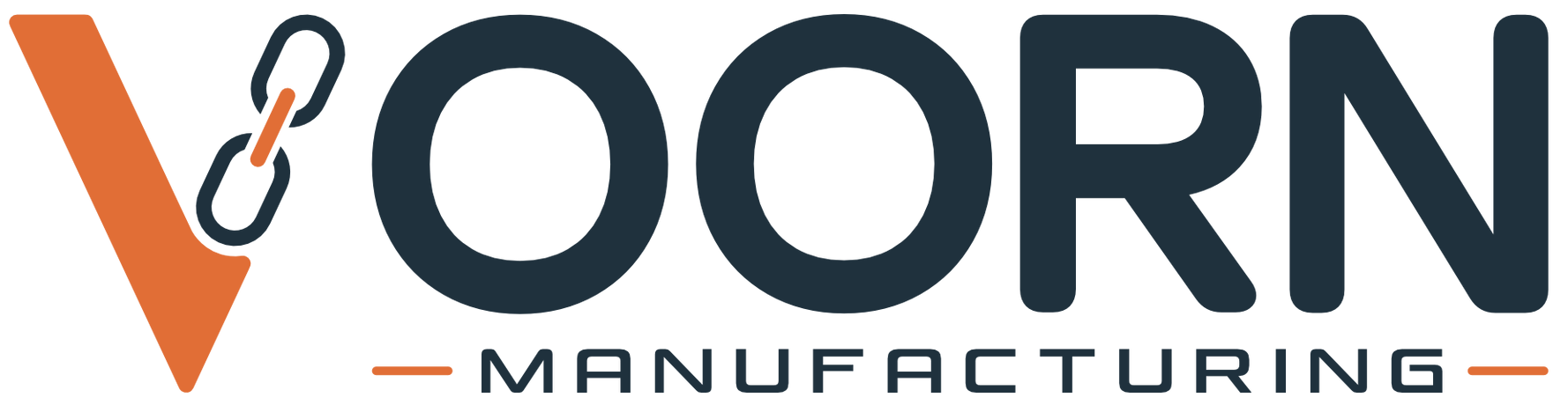 Logo voor Voorn Manufacturing met een gestileerde oranje 'V' met een schakelketting, gevolgd door 'VOORN MANUFACTURING'.