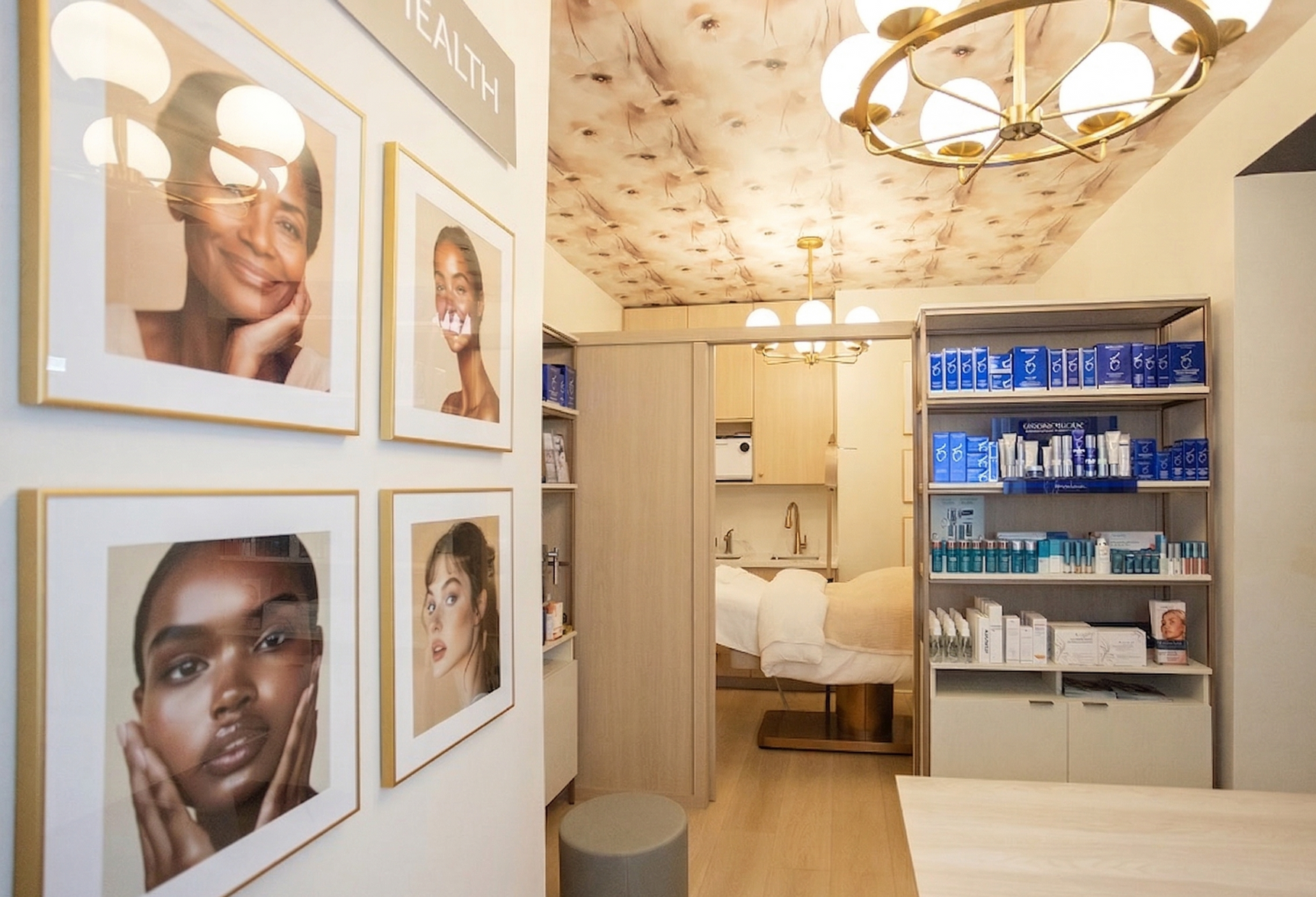 Interior design of Skin Health Lab retail area on Locke Street Hamilton featuring custom shelving and a calming neutral palette.