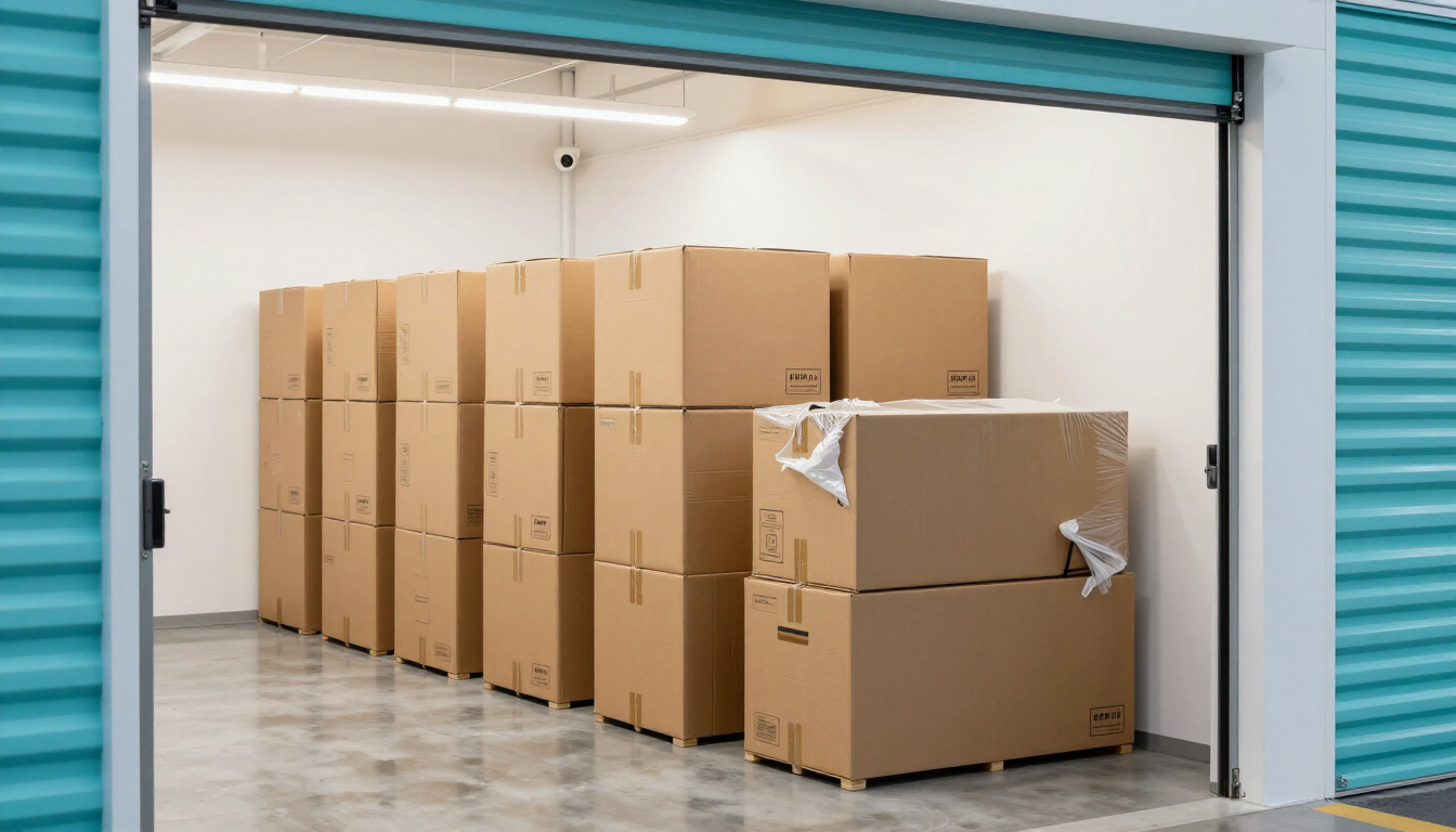 Storage room with stacked cardboard boxes and packages inside a warehouse doorway