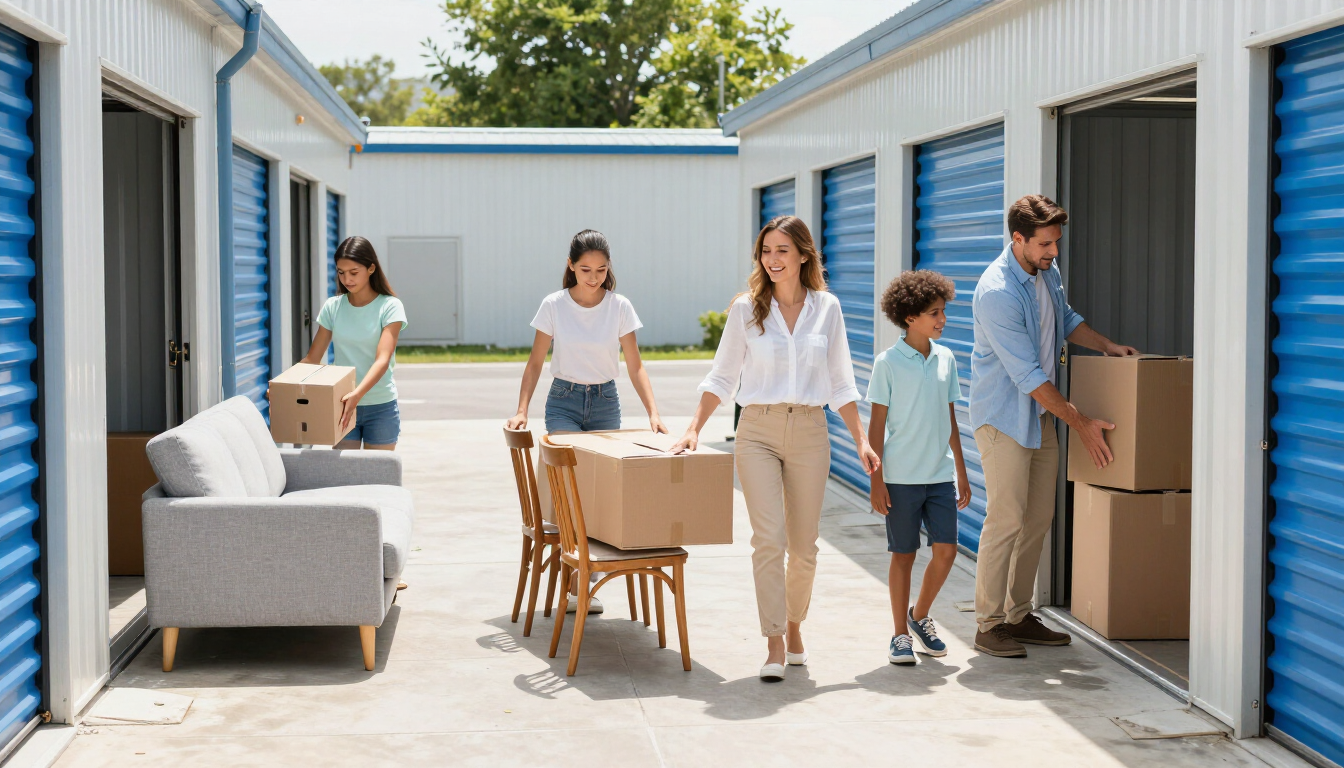 People moving furniture between blue storage units in a bright outdoor storage facility.
