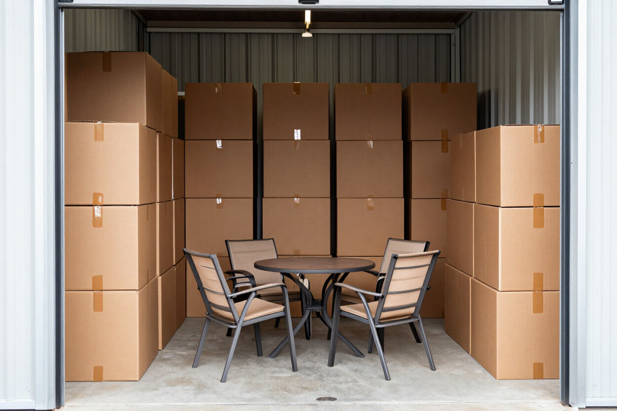 Storage unit filled with stacked cardboard boxes and a small table with four chairs in the center