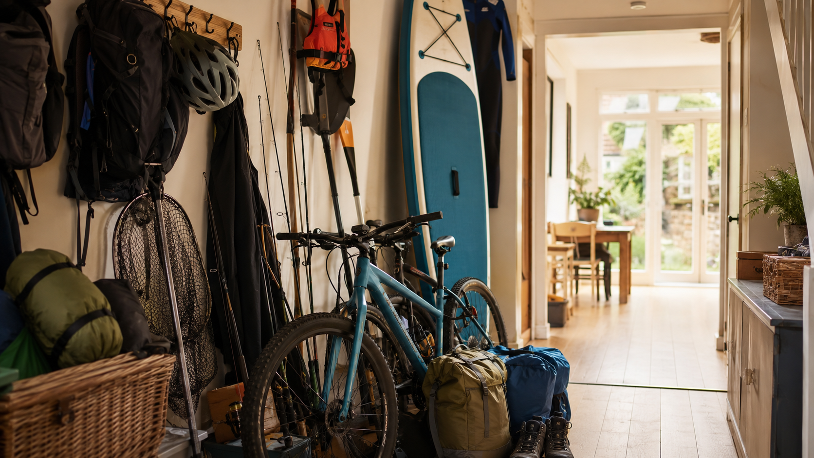Hallway with bicycles, backpacks, and outdoor gear leading to a bright kitchen area