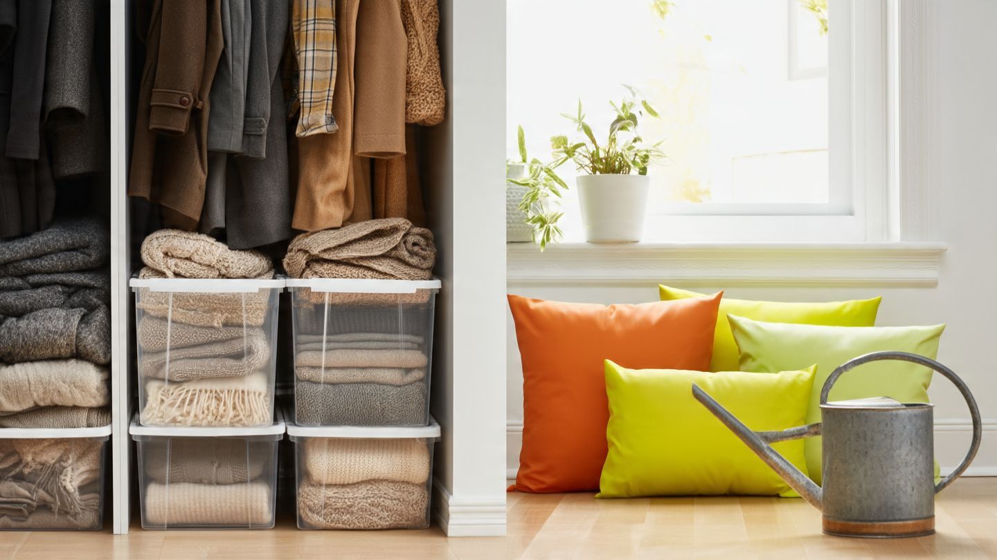 Open closet with hanging clothes and woven bins beside a window seat with pillows and a watering can
