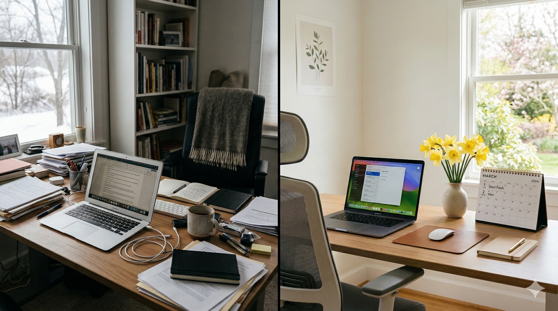 Two desk setups: messy with winter view vs. clean with flowers and a calendar.