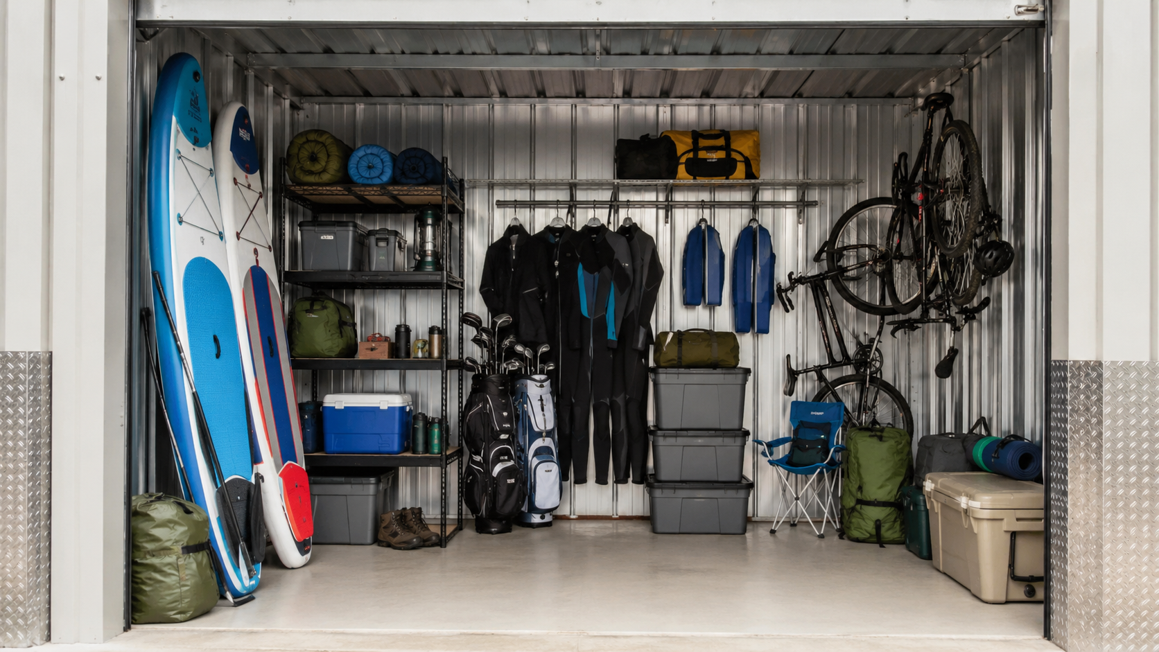 Storage unit packed with surfboards, scuba gear, helmets, shelves, and tools