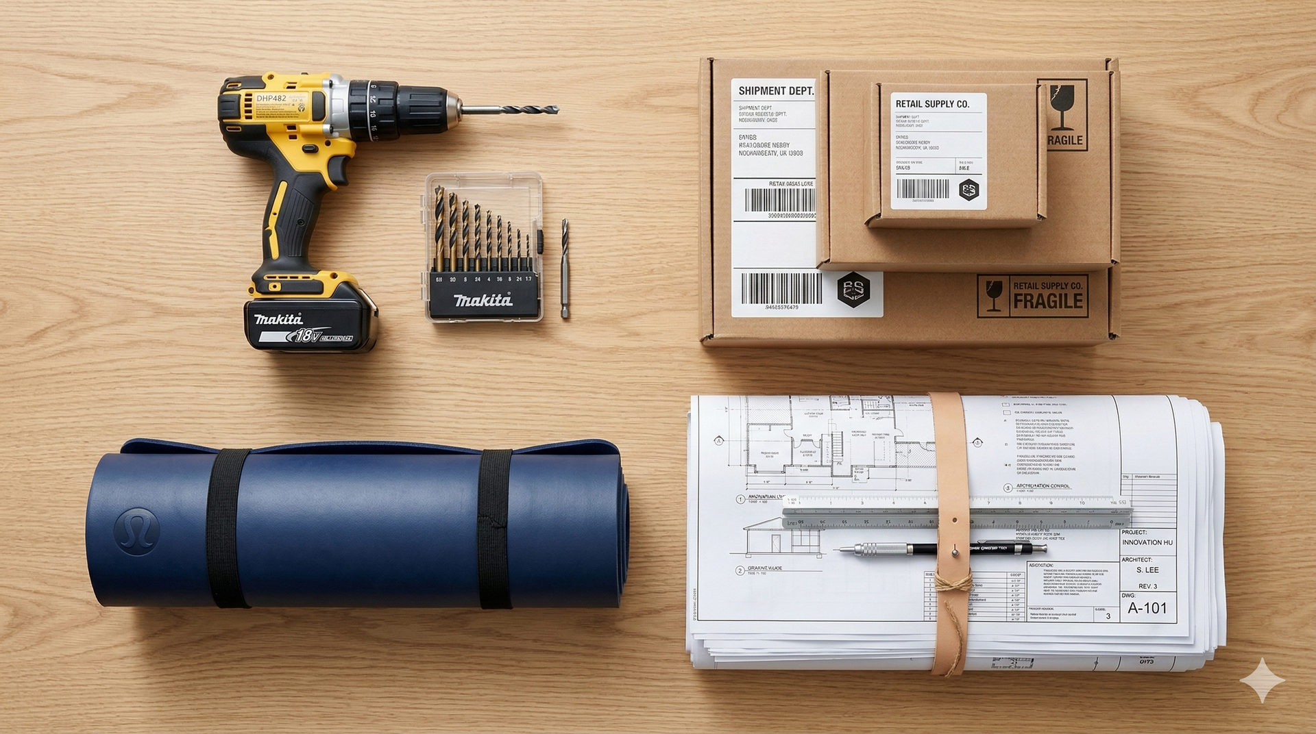 Tools and packages on wood: drill, drill bits, boxes, rolled mat, blueprints, ruler, pen.