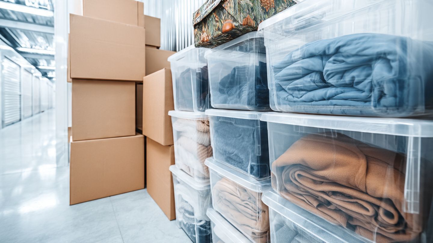 Stacked storage boxes and plastic bins of folded blankets in a bright warehouse aisle.