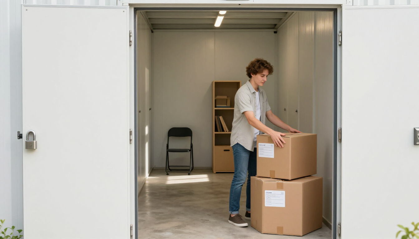 Person stacking cardboard boxes in a garage doorway with a chair and shelves inside