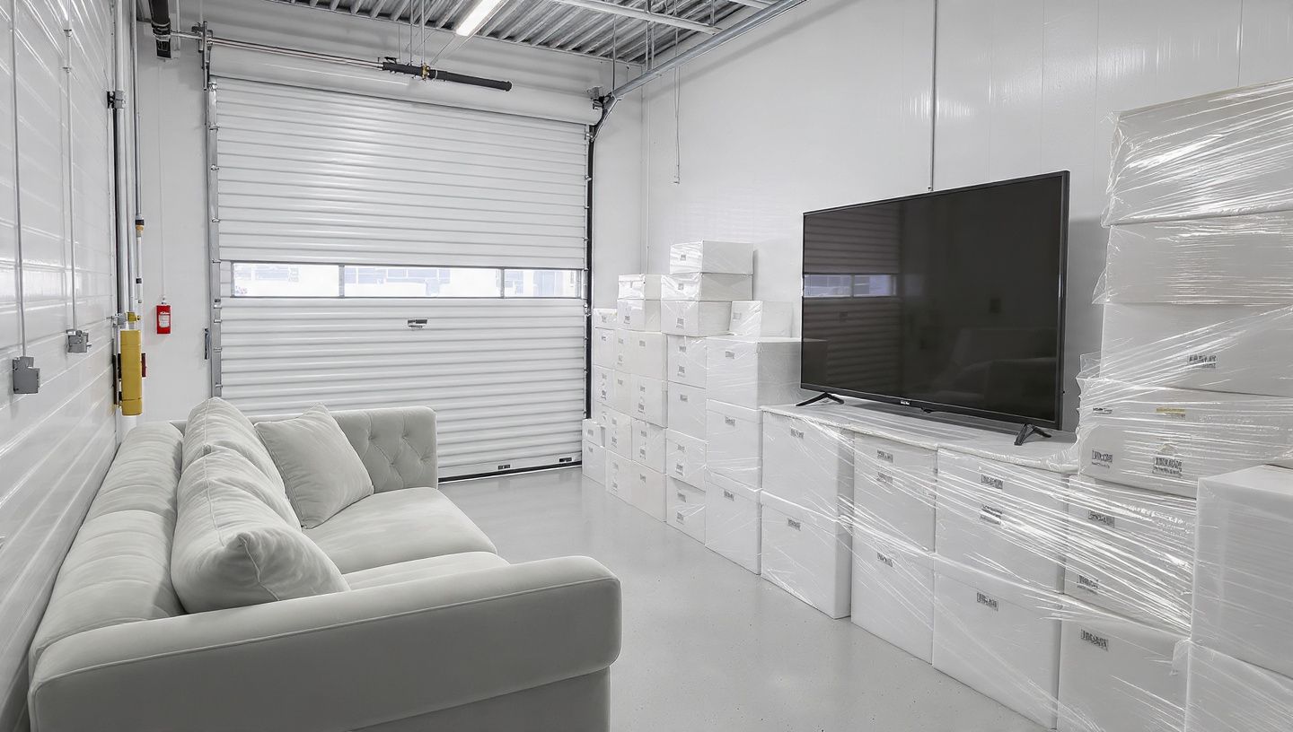 White storage room with a gray couch, stacked moving boxes, and a large TV on a wall-mounted console.