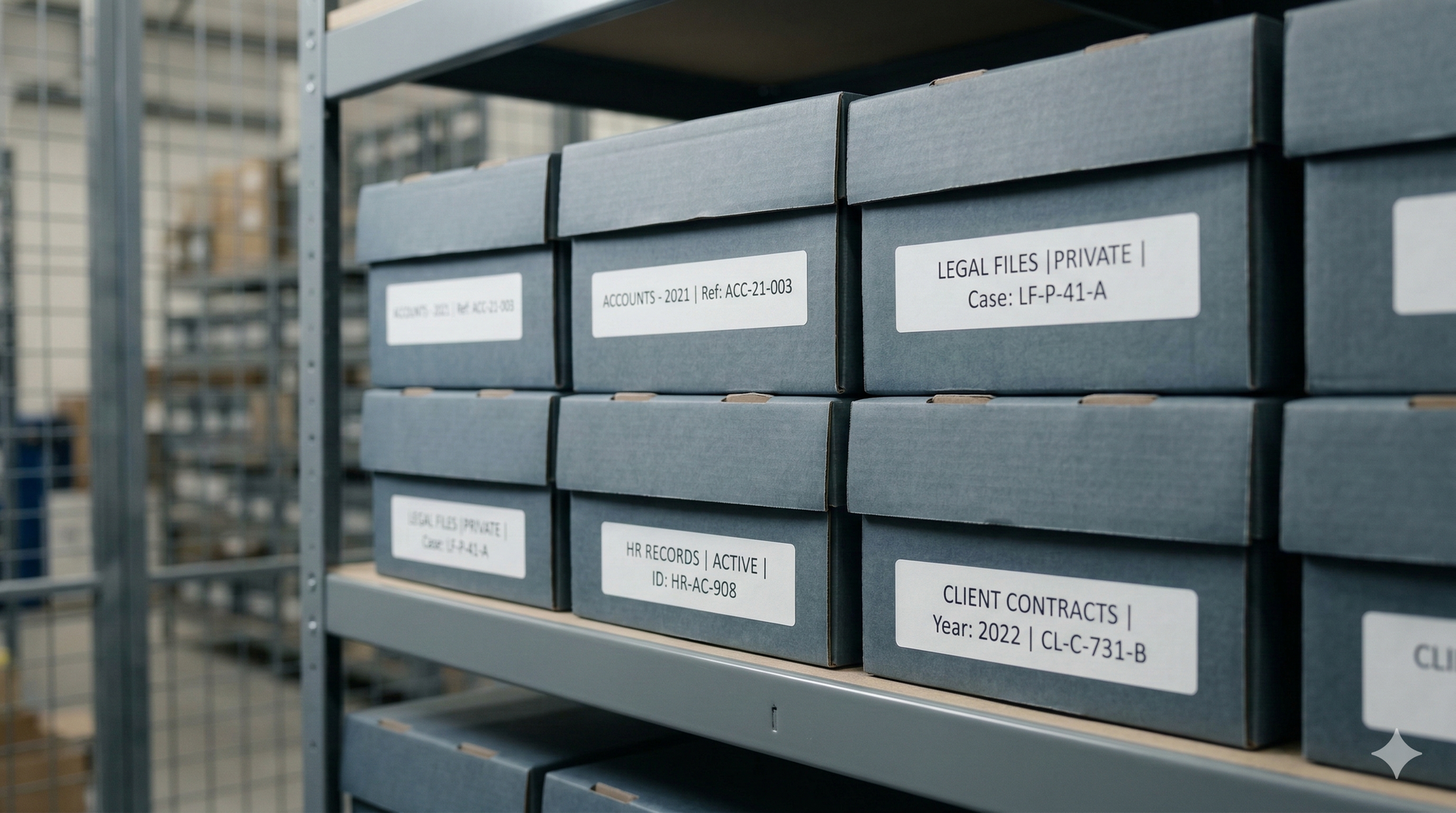 Boxes with labels on a shelf in a storage facility.