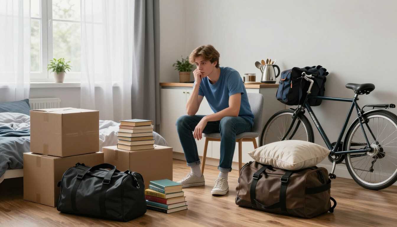 Person sitting on a stool in a moving-out room with packed boxes, bags, and a bicycle against the wall.