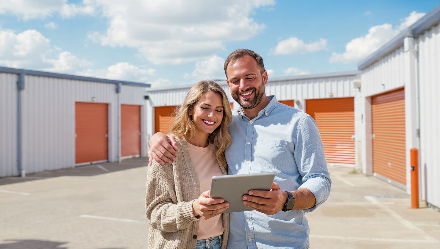 Two people smiling at a tablet in a storage facility with orange unit doors.