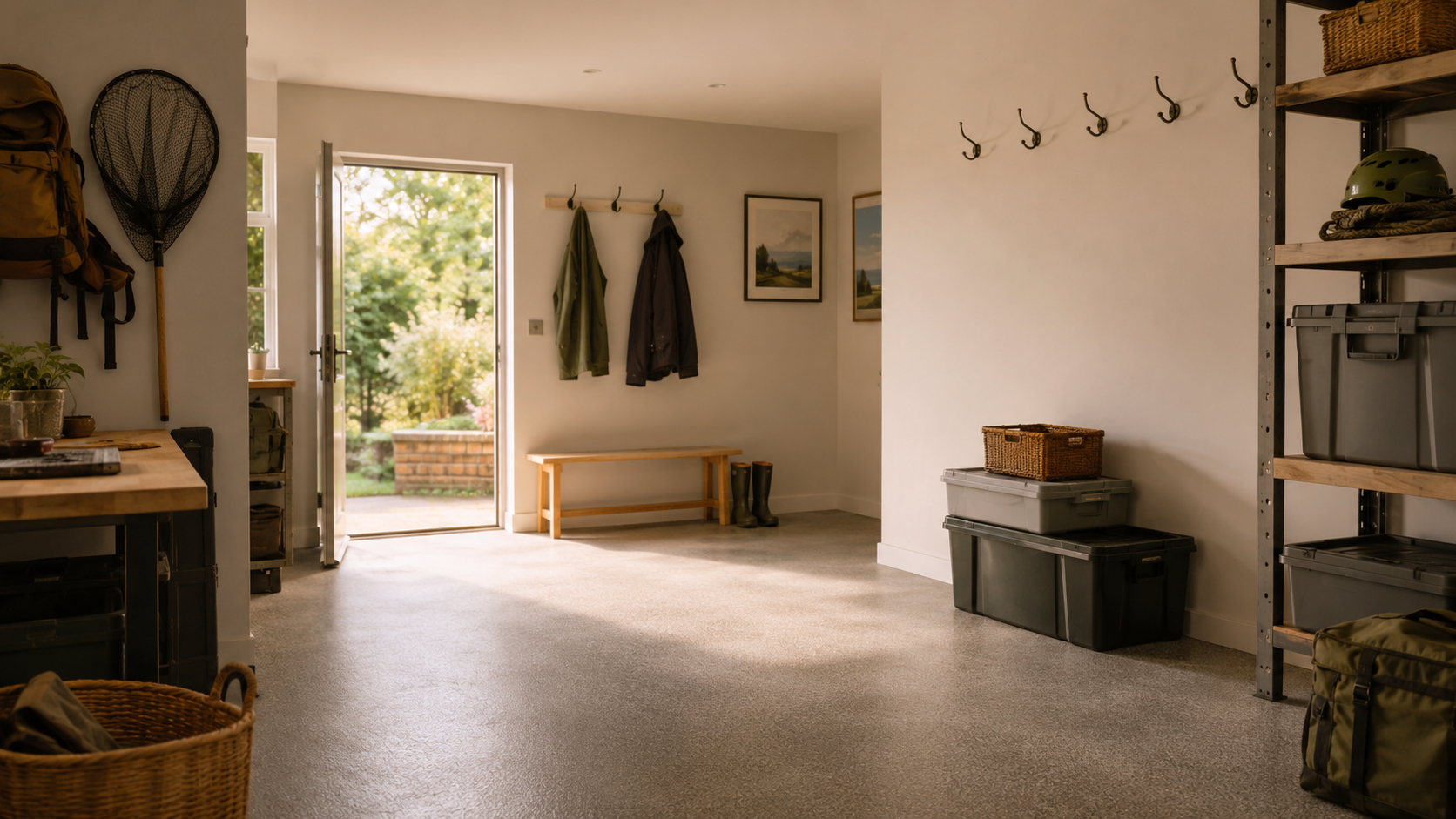 Bright mudroom with bench, hooks, baskets, and open doorway to a sunny patio