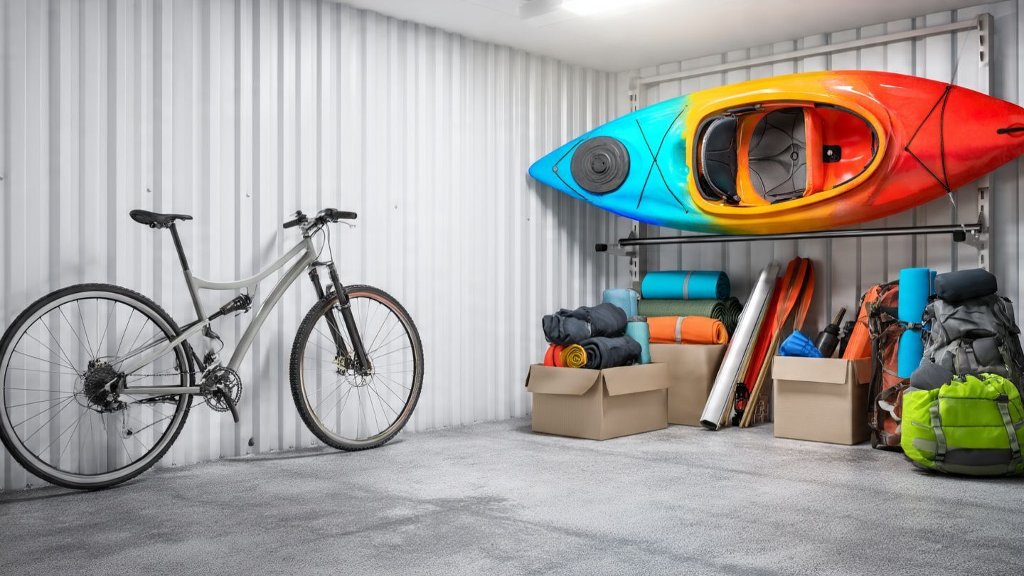 Garage with a bicycle, stacked gear, and colorful kayaks mounted on the wall.