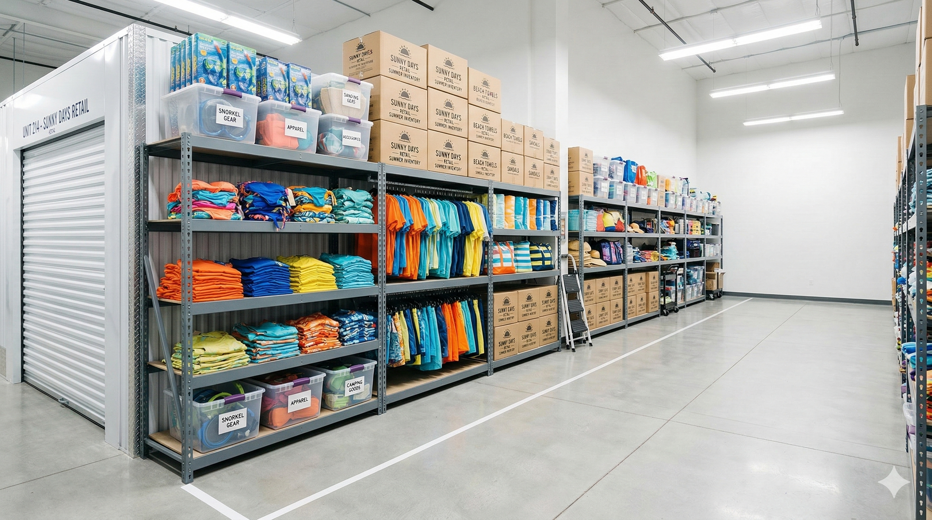 Shelves of folded clothes, boxes, and supplies in a storage facility with a roll-up door.