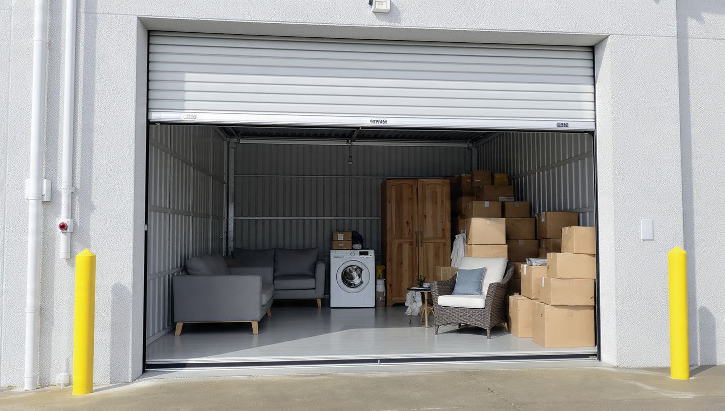 Open warehouse bay with furniture and stacked boxes inside