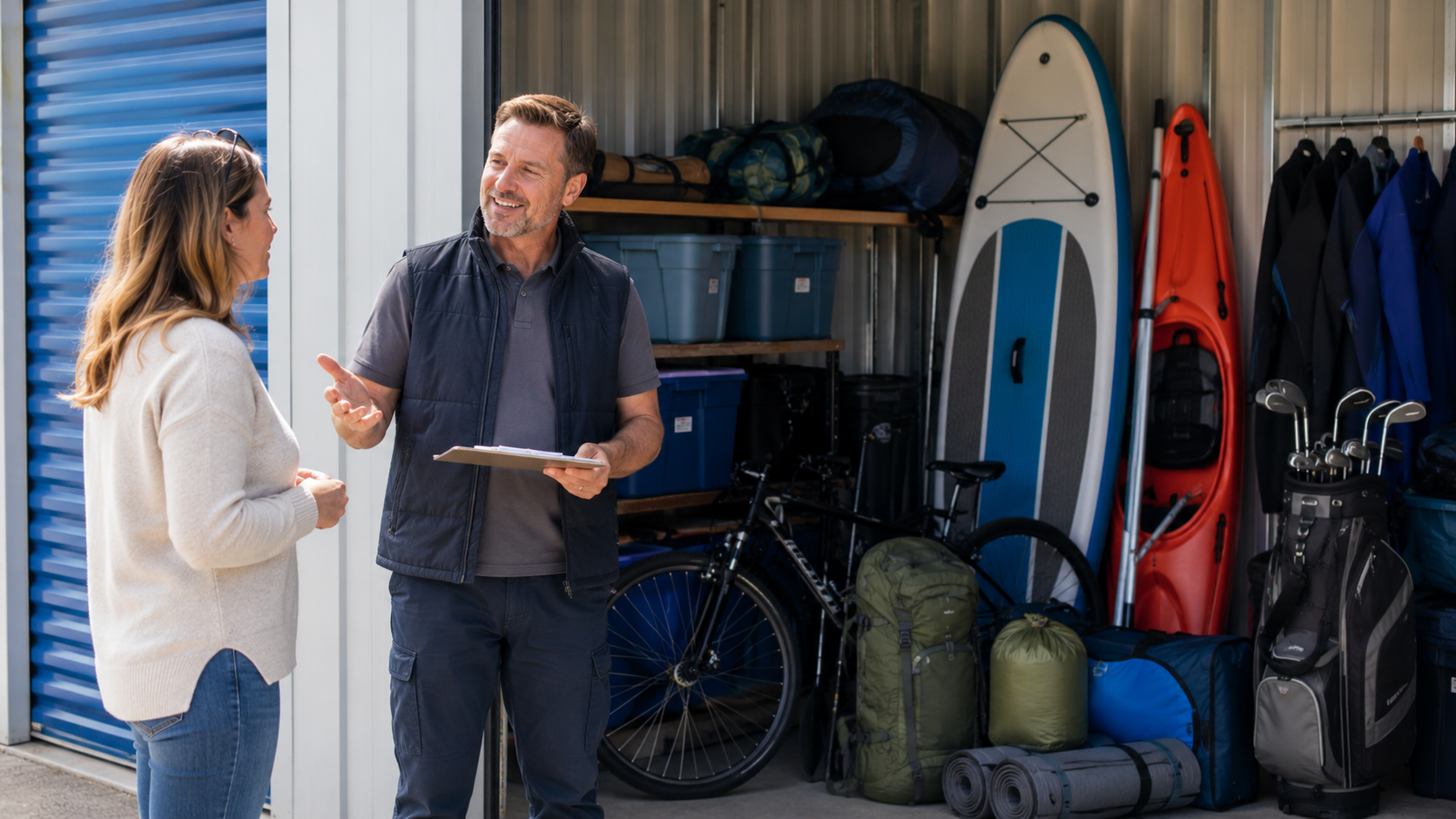 Two people talking in a garage beside surfboards, bikes, and camping gear.
