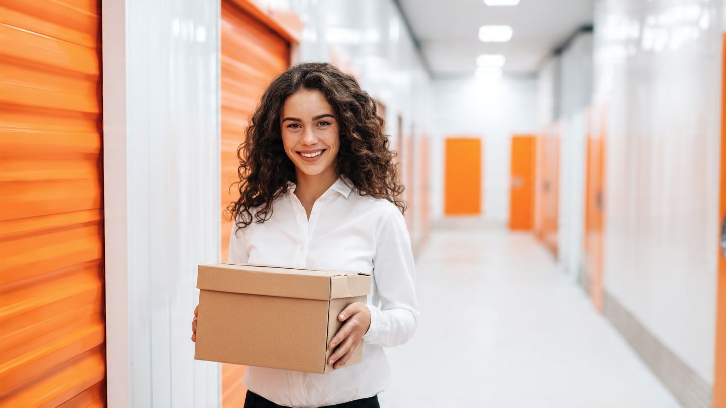 Person holding cardboard boxes in a bright storage corridor with orange unit doors