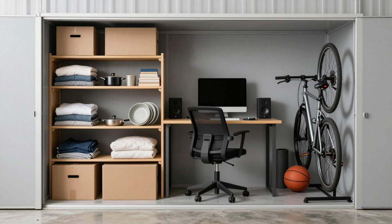 Home office nook with desk, chair, computer, bike, shelves, and storage boxes in a closet-like space