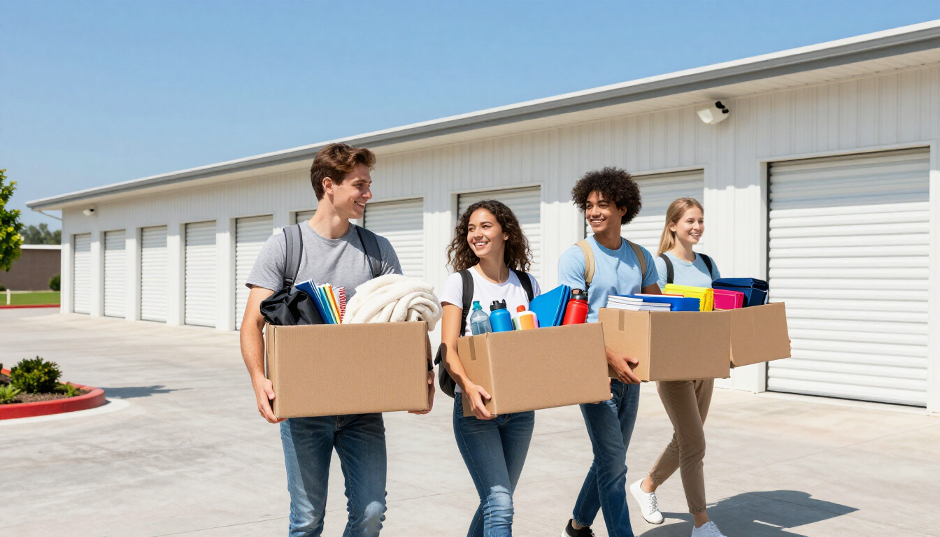 Three people carrying boxes outside storage units on a sunny day