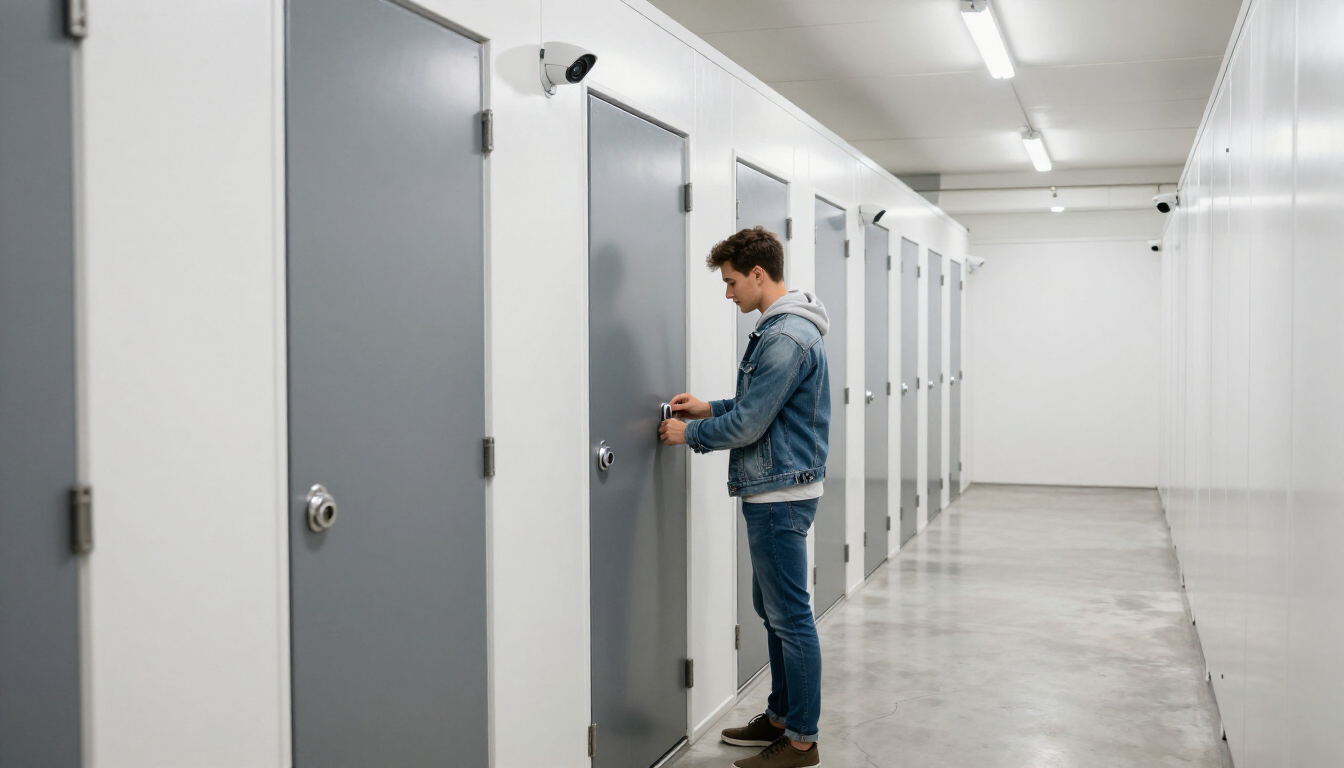 Person opening a gray door in a bright white hallway lined with doors