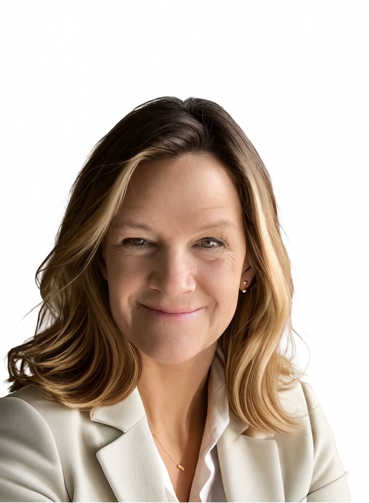 Portrait of a smiling woman in a white blazer against a white background