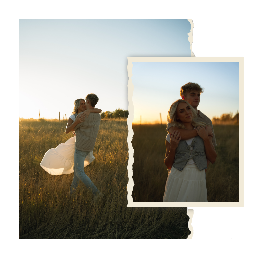 A man and a woman are standing in a field.