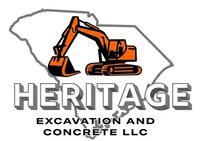 Logo for Heritage Excavation and Concrete LLC with an orange excavator over gray text and outline