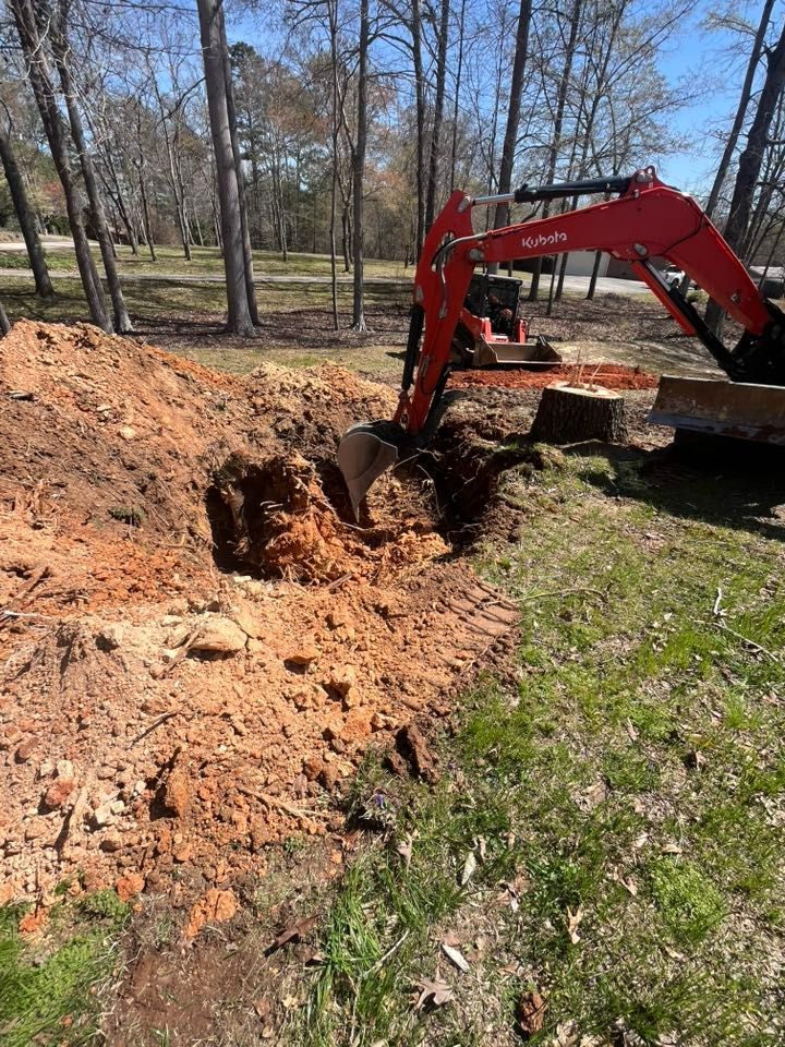 Red excavator digging a large hole beside a dirt mound in a wooded yard.