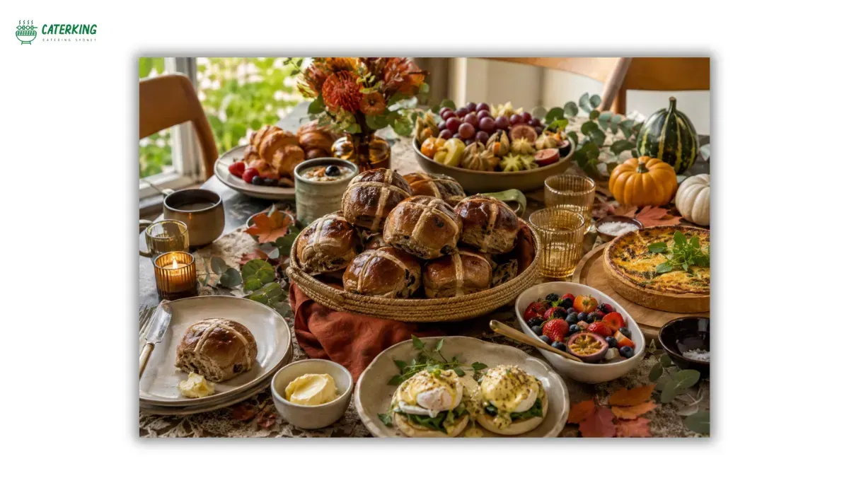 Australian Easter brunch table featuring hot cross buns fresh fruit eggs and autumn decorations