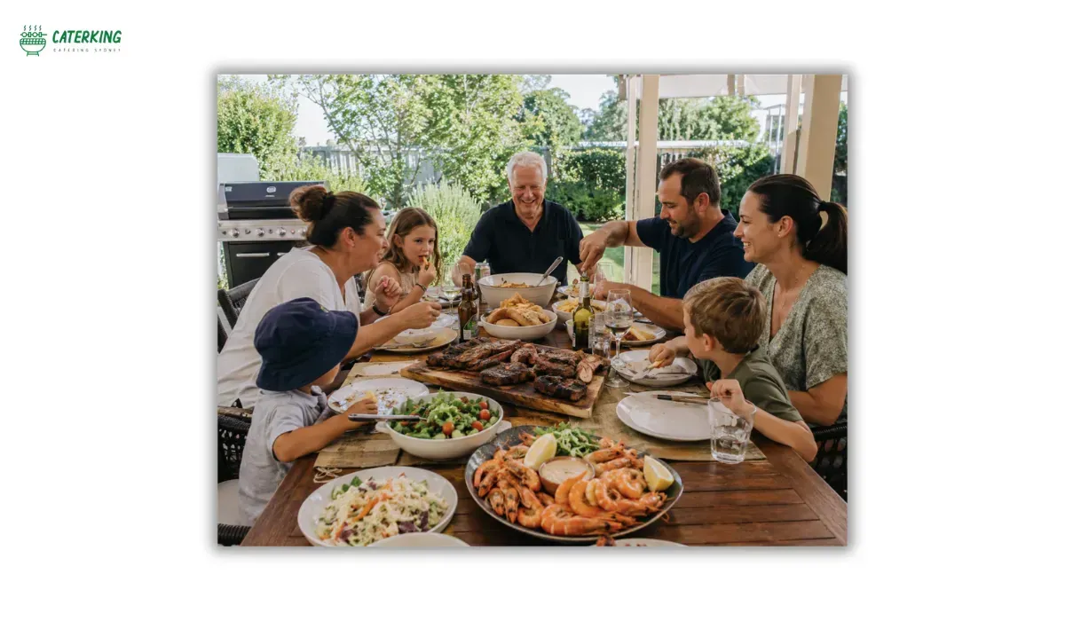 Australian Father's Day lunch featuring BBQ steak seafood salads and family gathering