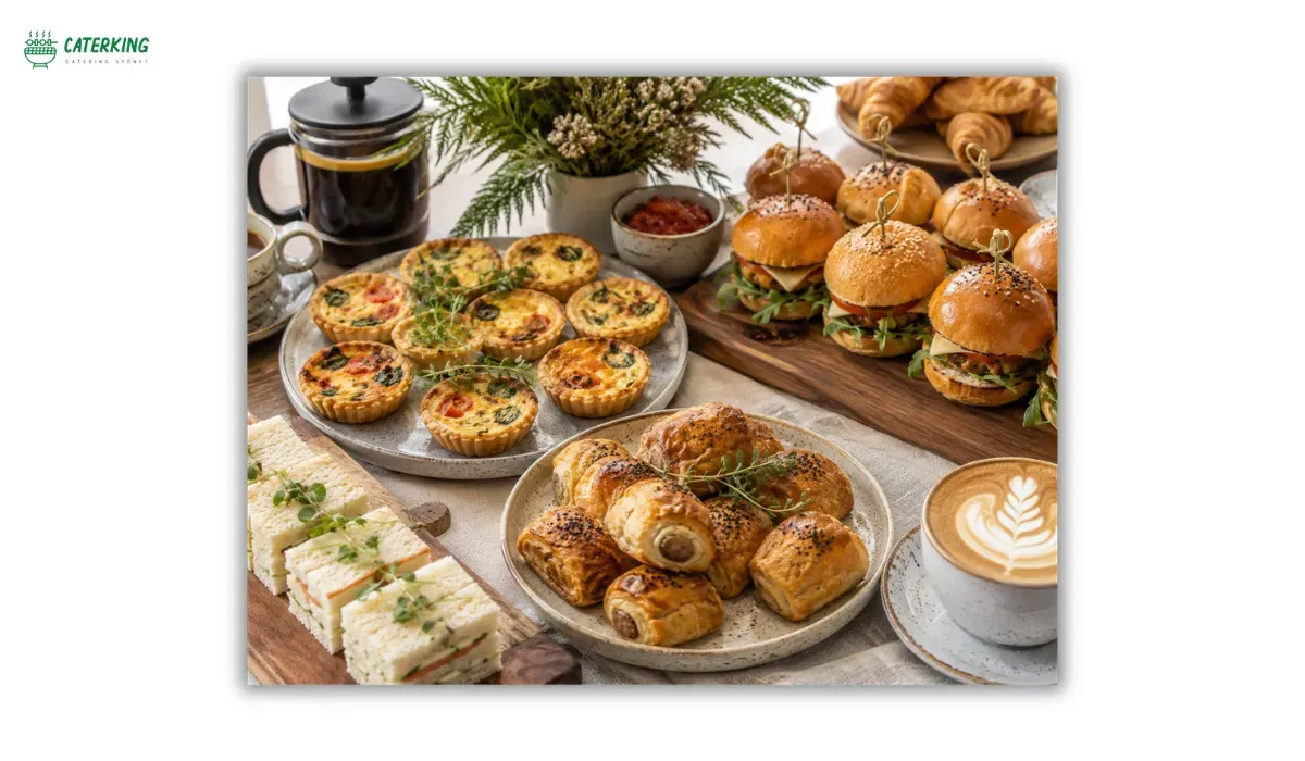 Australian savory brunch finger food spread with mini quiches sausage rolls sliders and fresh coffee