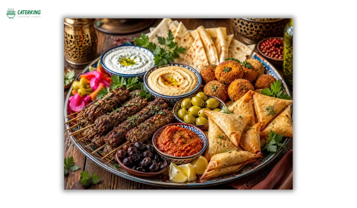 Moroccan finger food platter with briouats kefta skewers chickpea bites olives and dips