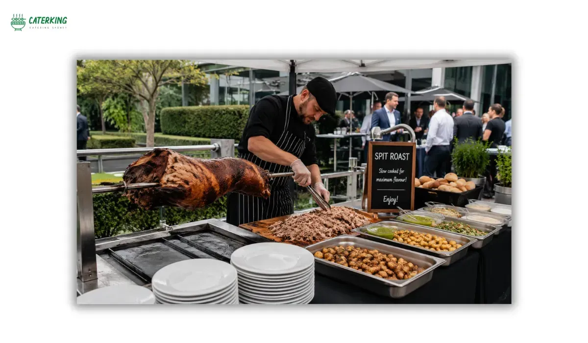 Spit roast catering carving station at an outdoor corporate event
