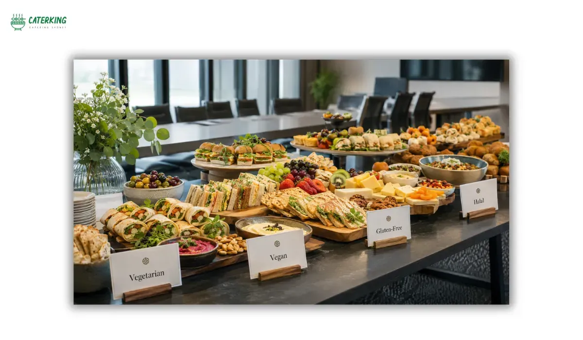 Styled grazing table set up for corporate meeting catering with labelled dietary options