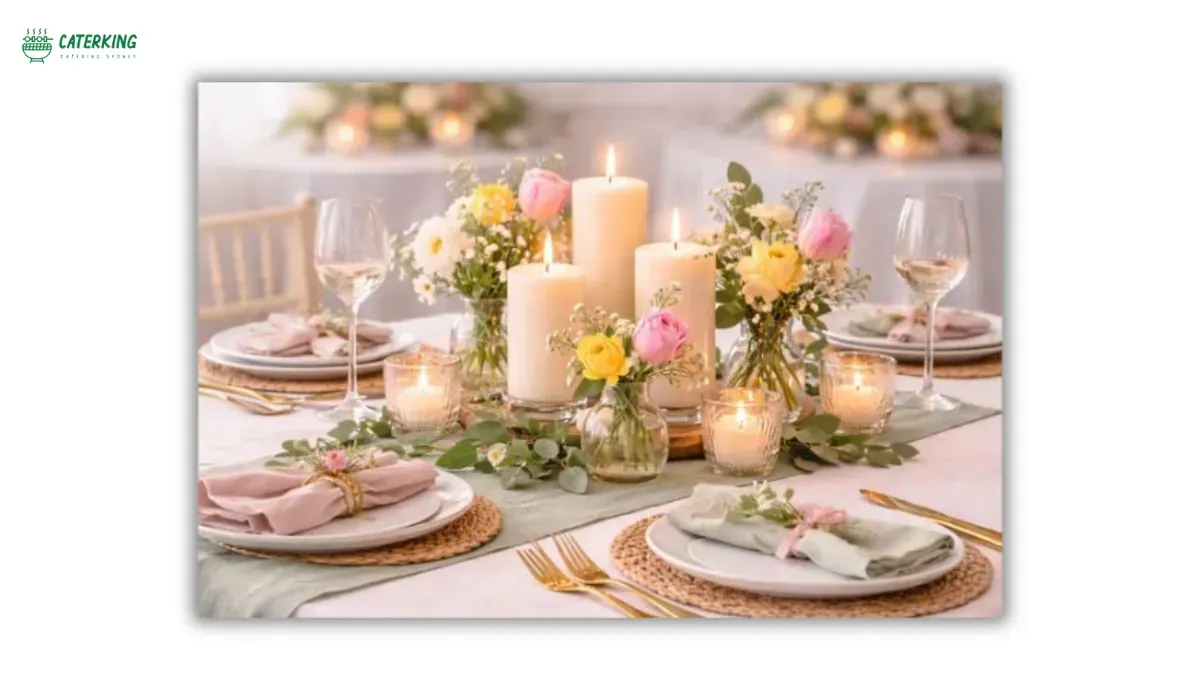 beautiful Easter brunch table decorated with autumn flowers and candles