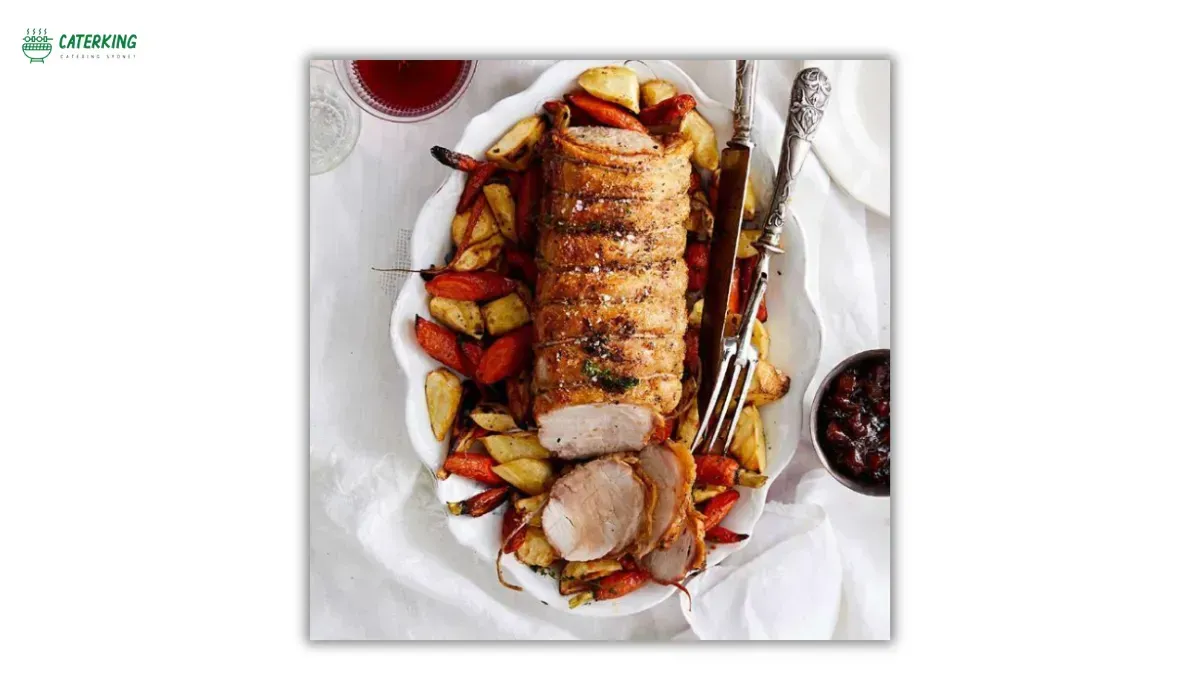 colourful roasted vegetables served with pork tenderloin