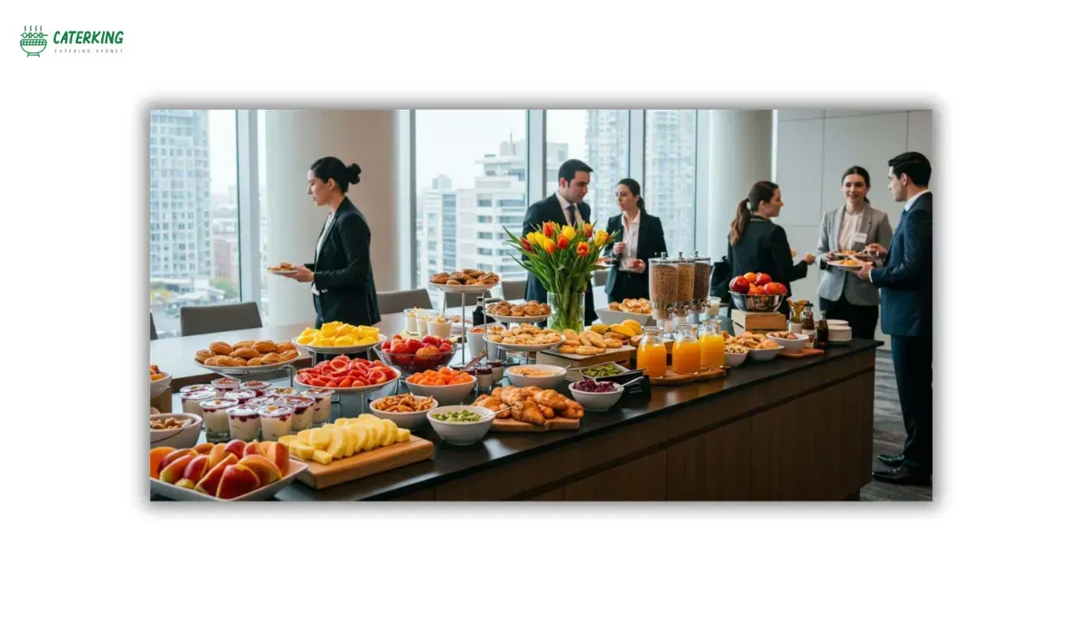corporate breakfast station arranged inside a meeting room