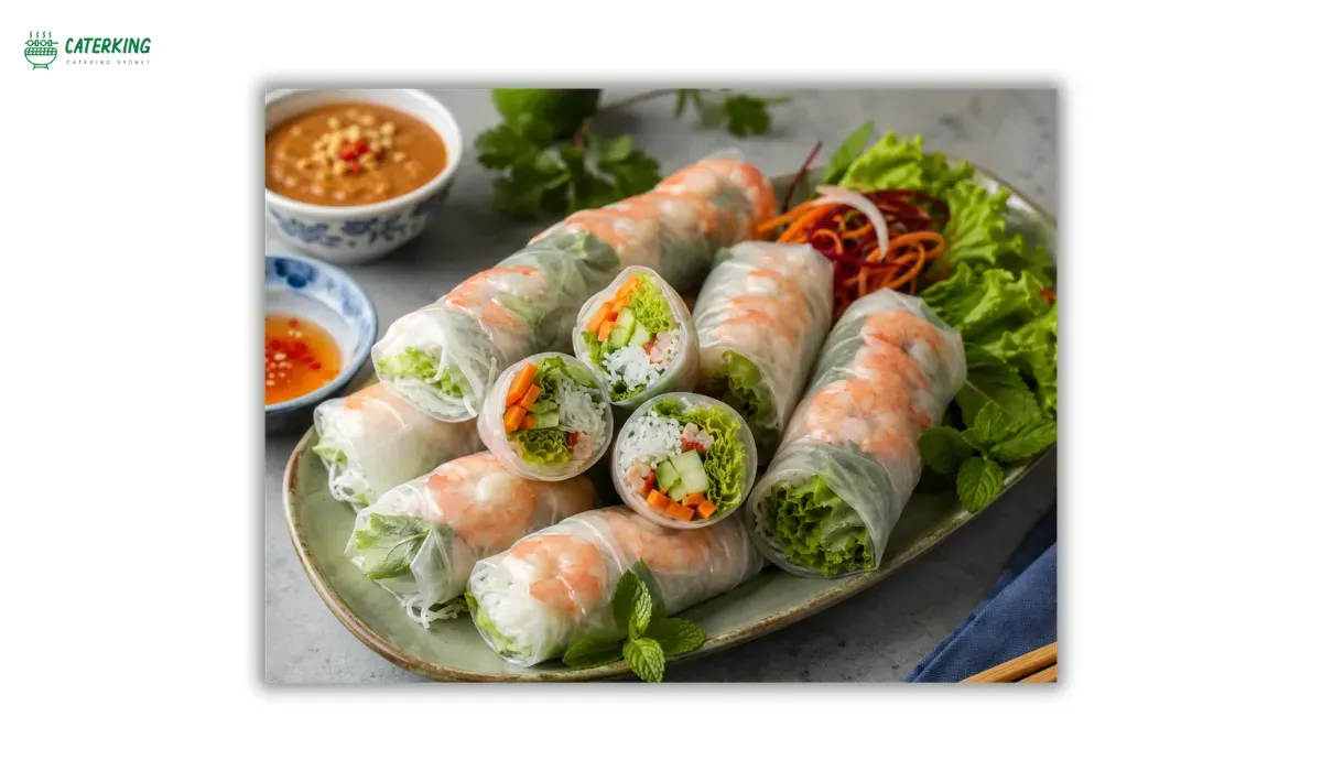 fresh Vietnamese rice paper rolls with prawns herbs vermicelli noodles and dipping sauces