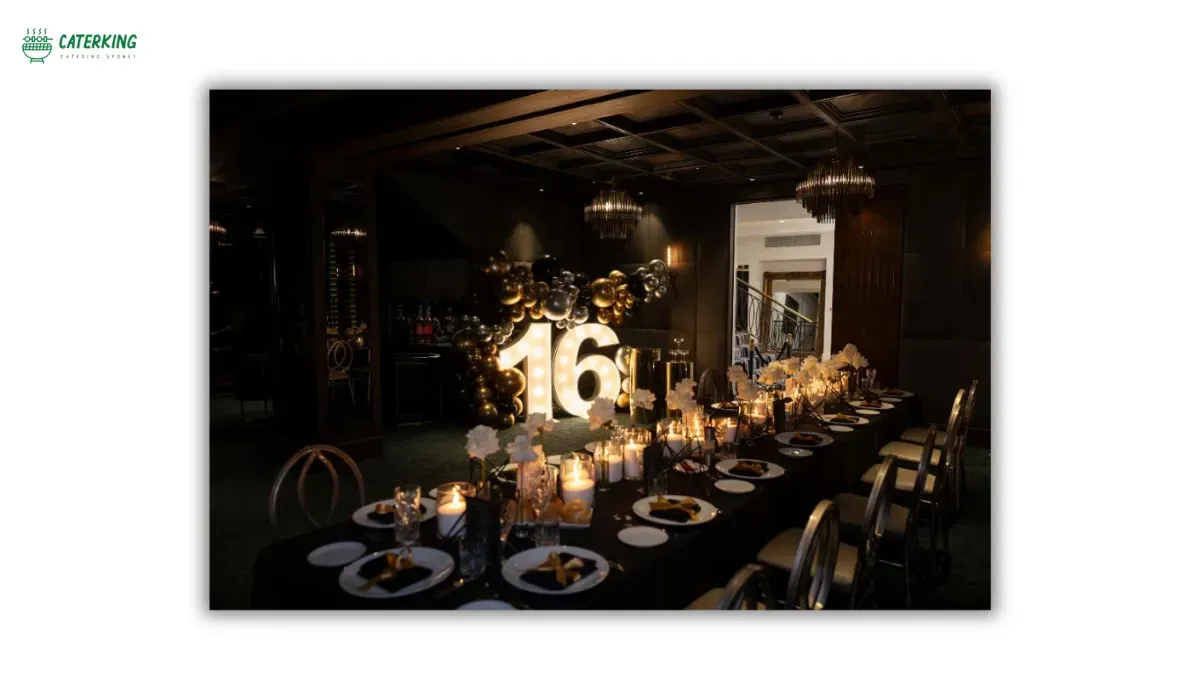 glamorous sweet sixteen birthday party with black and gold styling