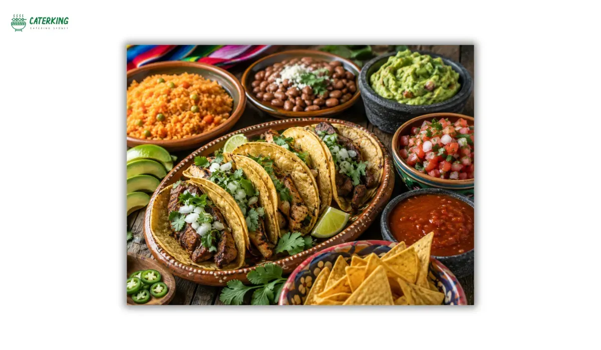 gluten free Mexican food featuring corn tacos rice beans guacamole and fresh salsa