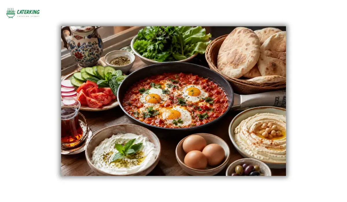 healthy halal breakfast featuring shakshuka labneh hummus pita bread eggs and fresh vegetables