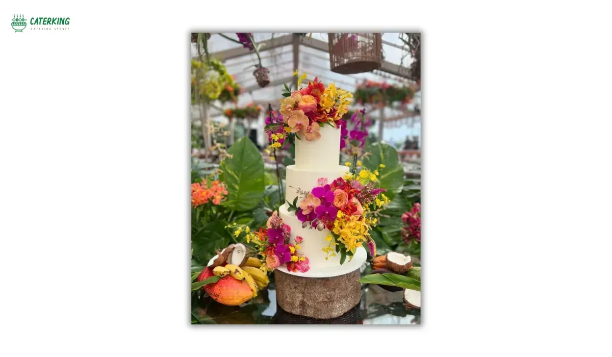 luxury Hawaiian wedding cake decorated with tropical flowers