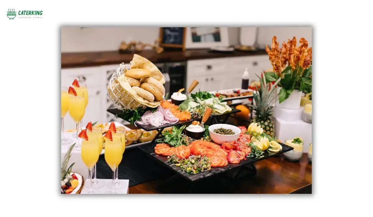 luxury bridal brunch buffet with pastries smoked salmon fruit and mimosas