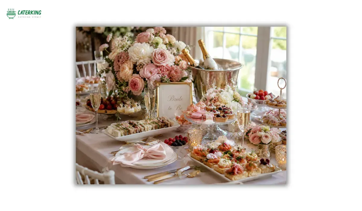 luxury bridal shower brunch table with elegant finger foods flowers and champagne