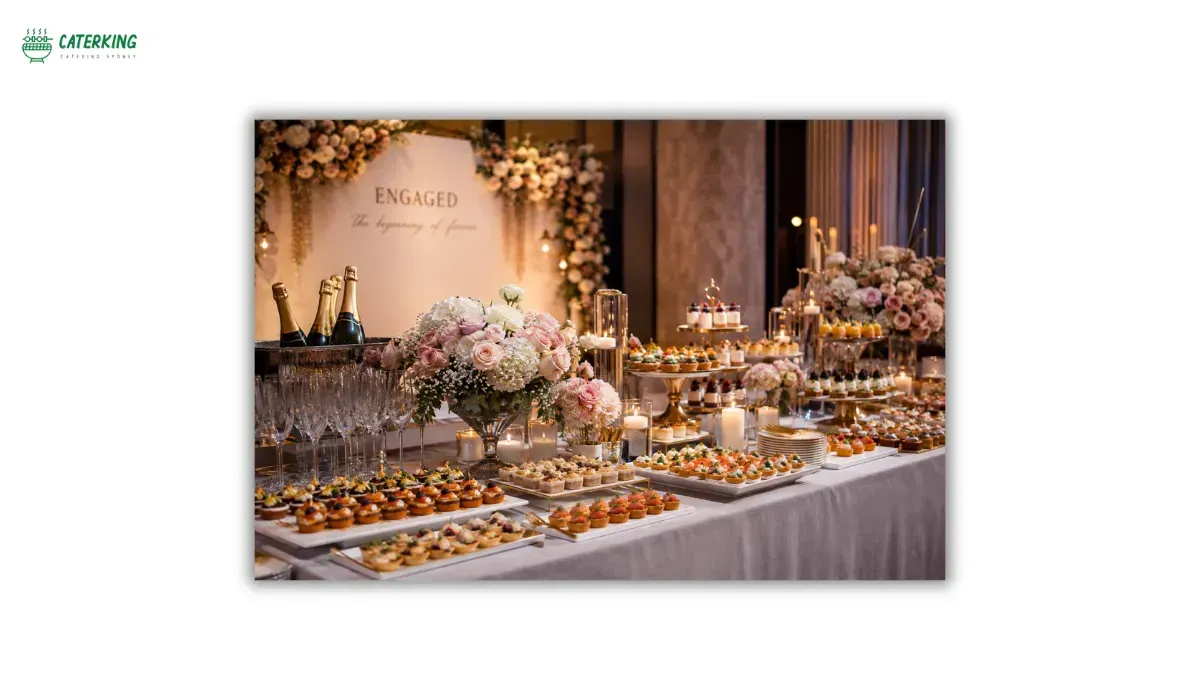 luxury engagement party catering featuring elegant buffet finger food champagne and floral decoratio
