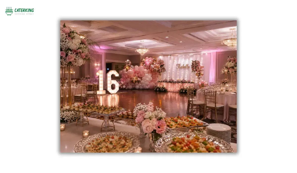 luxury sweet sixteen birthday celebration with elegant decorations and catering