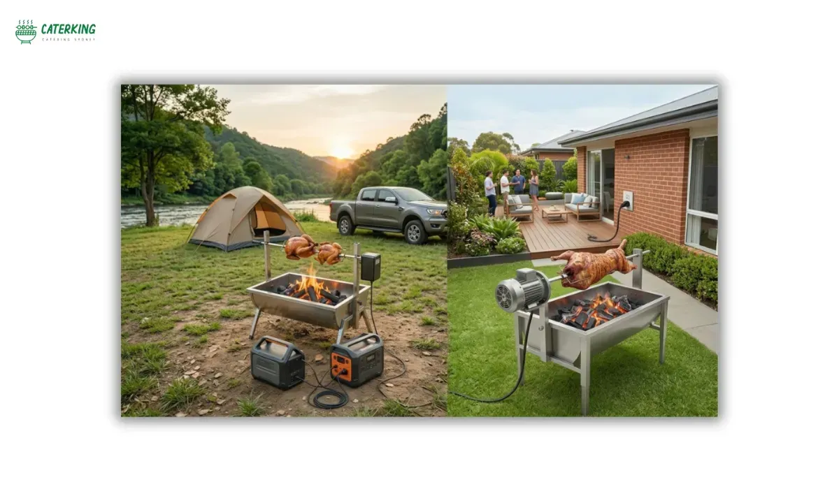 comparison between battery powered and electric spit roaster setups