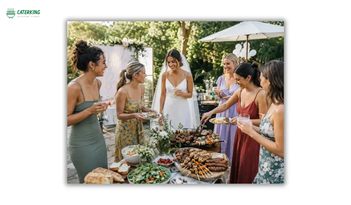 outdoor bridal BBQ with grilled meats fresh salads and friends