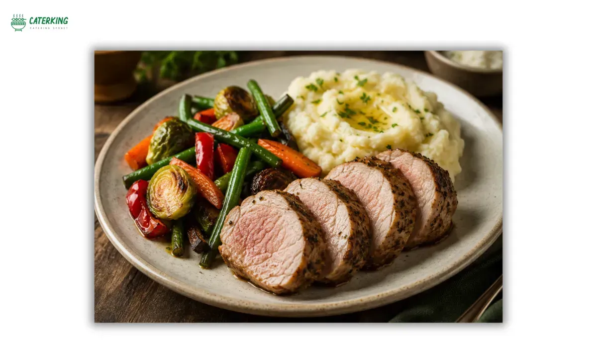 perfectly cooked pork tenderloin served with roasted vegetables and mashed potatoes
